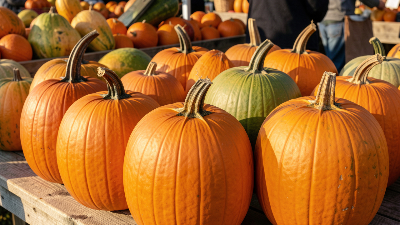 Plusieurs citrouilles mûres aux peaux fermes et aux pédoncules secs, présentées sur un étal rustique de marché en lumière automnale.