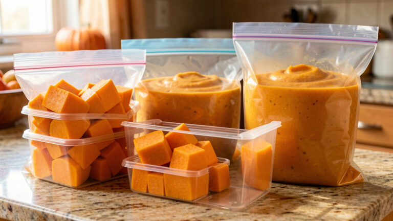 Morceaux de citrouille crue, cubes cuits et purée de citrouille préparés dans des contenants hermétiques pour la congélation.