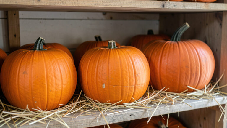 Plusieurs citrouilles orange mûres rangées sur une étagère en bois dans un garde-manger frais et sec, posées sur de la paille.