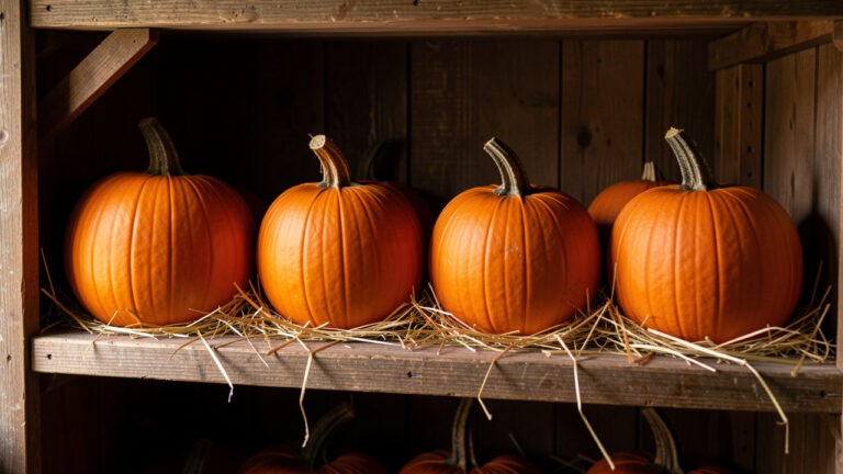 Plusieurs citrouilles orange mûres, posées sur de la paille et espacées sur une étagère en bois dans un garde-manger frais et sec.