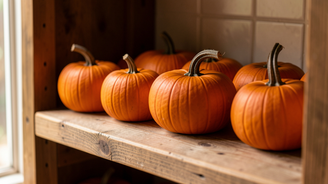 Petits potirons orange soigneusement rangés sur une étagère en bois pour rester frais plus longtemps.