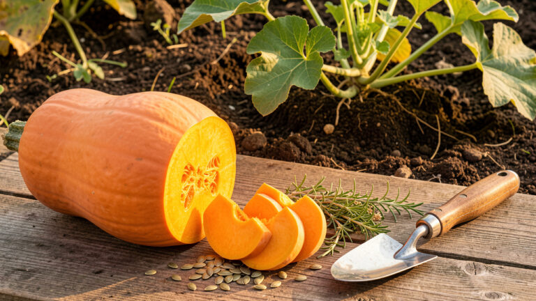 Courge butternut entière et découpée, entourée de graines, d’herbes fraîches et d’un plant poussant dans un potager.