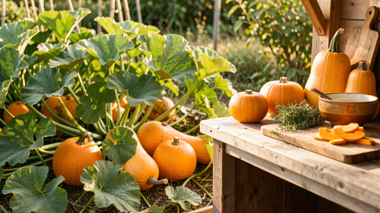 Courges musquées mûres dans un potager et préparées sur un plan de travail avec des herbes fraîches.