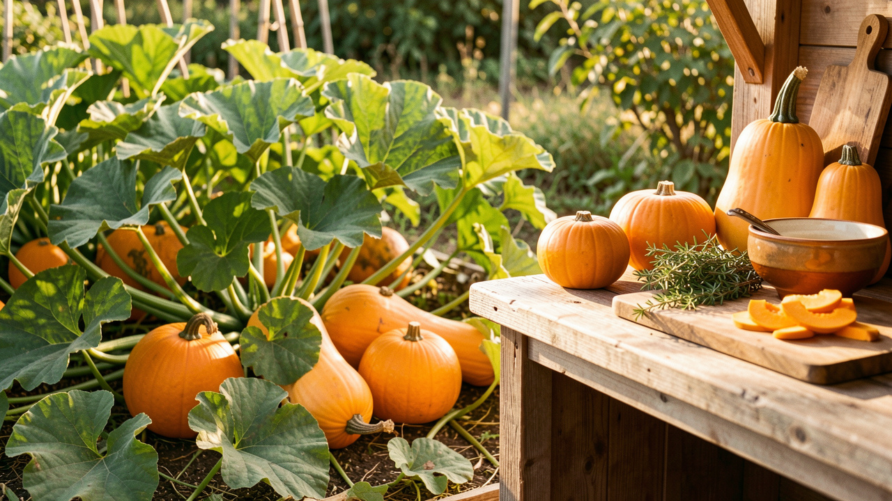 Courges musquées mûres dans un potager et préparées sur un plan de travail avec des herbes fraîches.