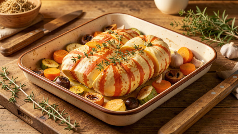 Courge patidou rôtie avec des herbes, de l’ail et des légumes dans un plat en céramique, sur une table de cuisine rustique.