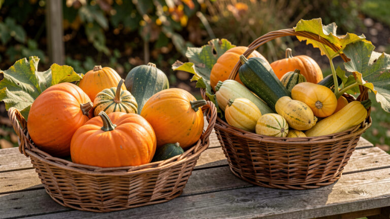 Deux paniers de courges d’hiver et de courges d’été aux formes, couleurs et textures variées, disposés sur une table en bois dans un jardin.