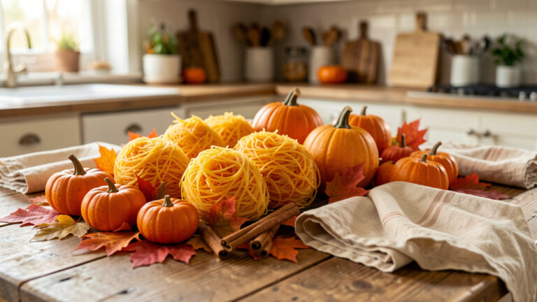 Courges spaghetti dorées disposées avec des feuilles d’automne, de petites citrouilles et des serviettes en lin sur une table de cuisine rustique.