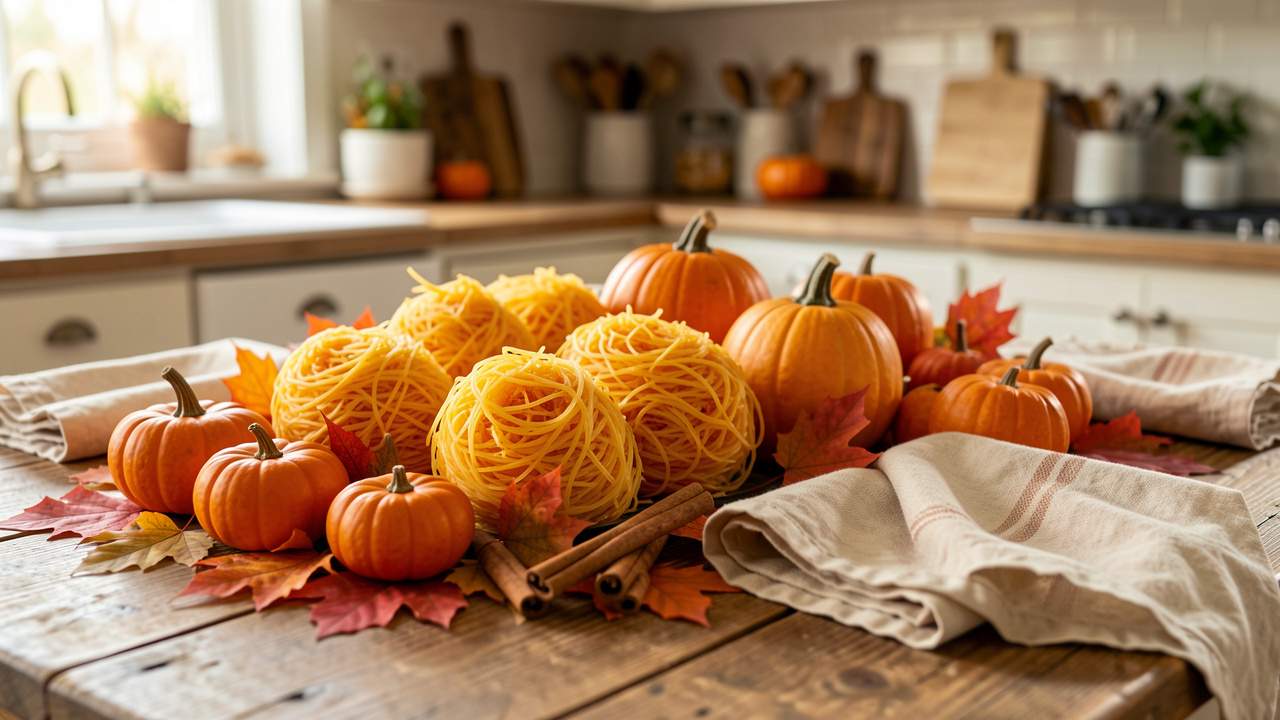 Courges spaghetti dorées disposées avec des feuilles d’automne, de petites citrouilles et des serviettes en lin sur une table de cuisine rustique.