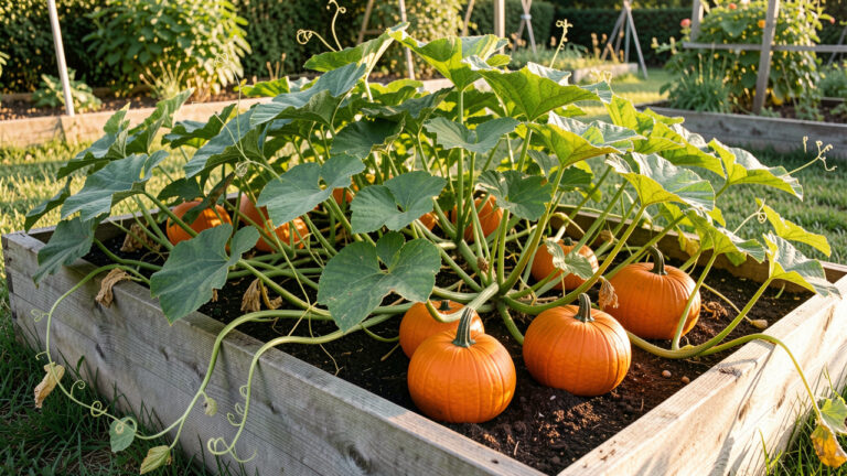 Potirons orange et feuillage luxuriant poussant dans un carré potager surélevé ensoleillé.