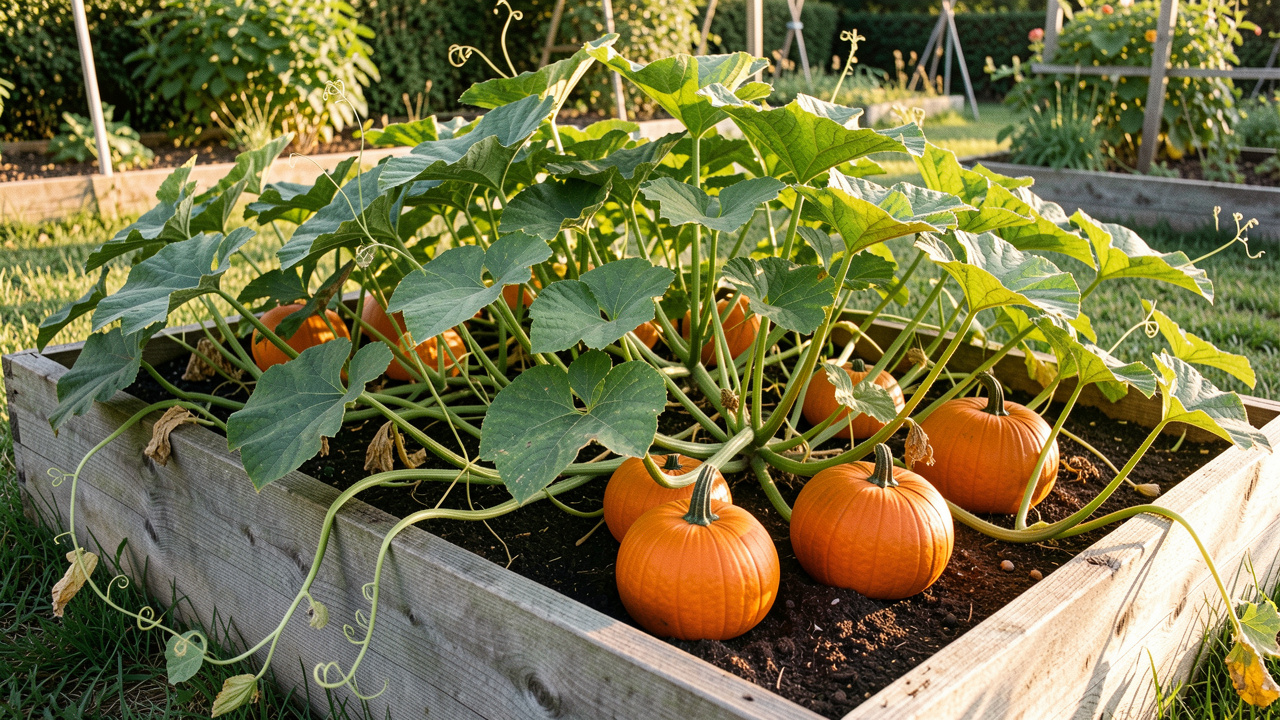 Potirons orange et feuillage luxuriant poussant dans un carré potager surélevé ensoleillé.