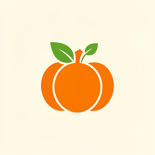 Emblème minimaliste représentant un potiron orange stylisé accompagné d’une feuille verte et d’une jeune pousse sur fond crème uni.