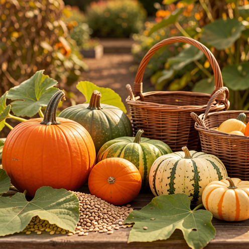 Nature morte montrant plusieurs variétés anciennes de citrouilles et de courges, des graines, des feuilles et des paniers dans un jardin aux couleurs automnales.