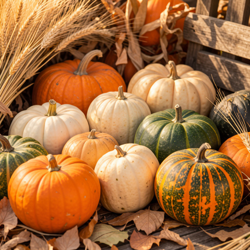 Composition automnale de citrouilles de différentes formes, tailles et couleurs, entourées de feuilles sèches et d’épis de blé.