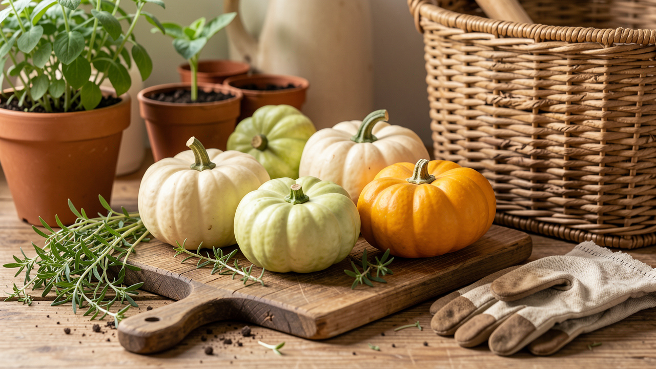 Pâtissons de différentes couleurs présentés avec des herbes fraîches, une planche en bois, des plants en pots et un panier de stockage.