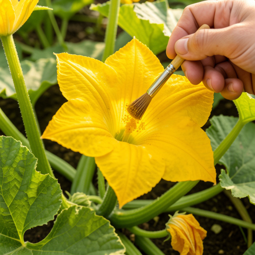 Gros plan sur des fleurs de courge jaunes pollinisées délicatement à la main avec un petit pinceau dans un potager ensoleillé.