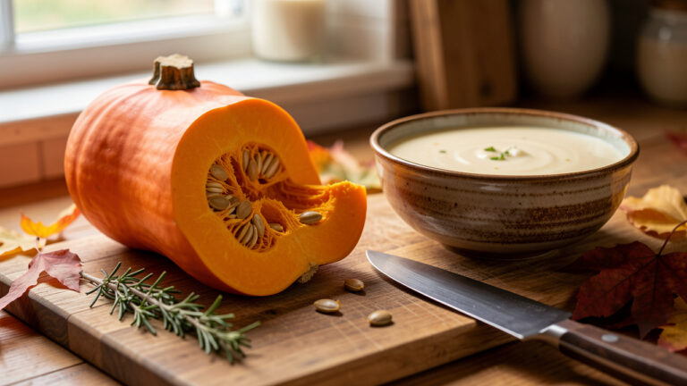 Potimarron orange coupé en deux dans une cuisine rustique, accompagné d’un bol de soupe crémeuse, d’herbes et d’un couteau.
