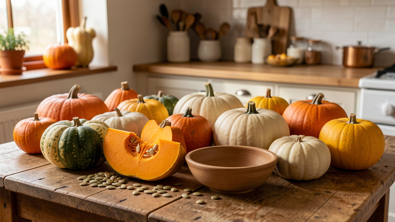 Assortiment de courges comestibles et décoratives de formes, couleurs et textures variées, présenté sur une table en bois dans une cuisine chaleureuse.